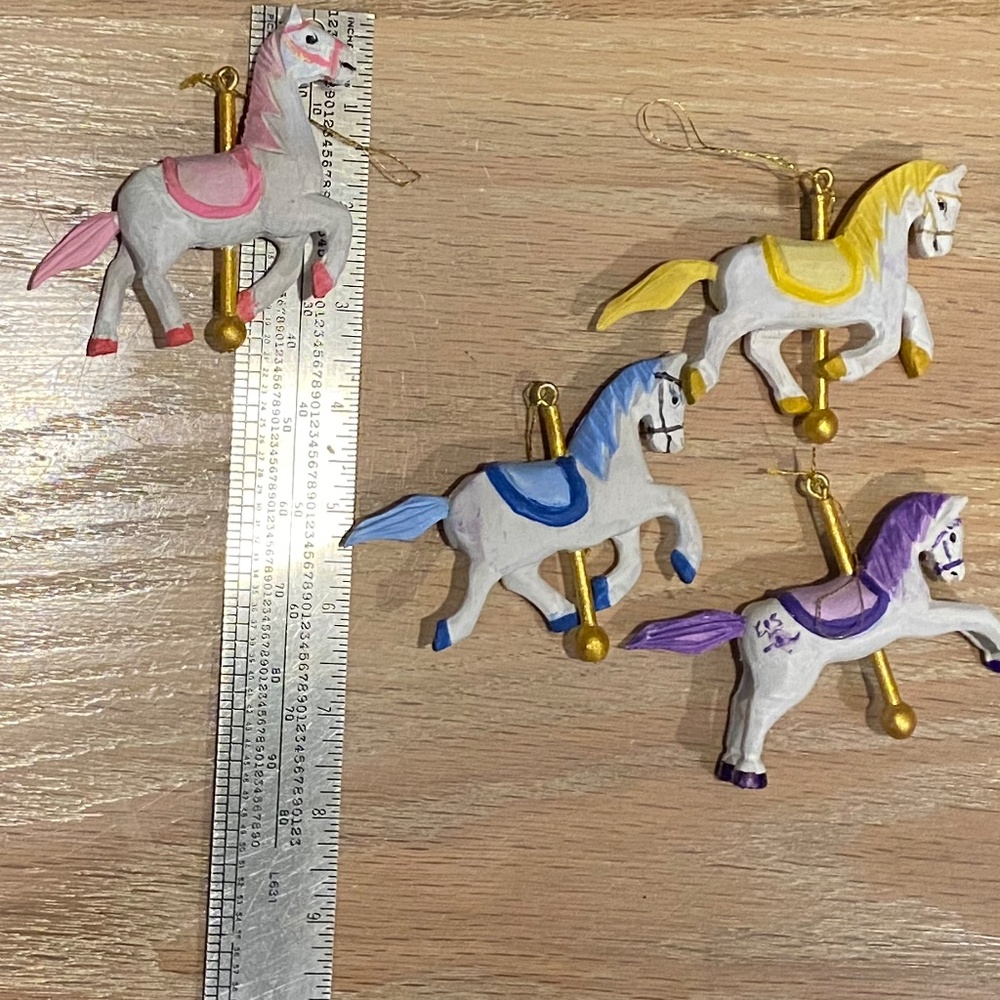 4 Carousel Horse Ornaments, Wood & Hand Painted, 13" Wire Stand, Nursery or Tree - Picture 7 of 16